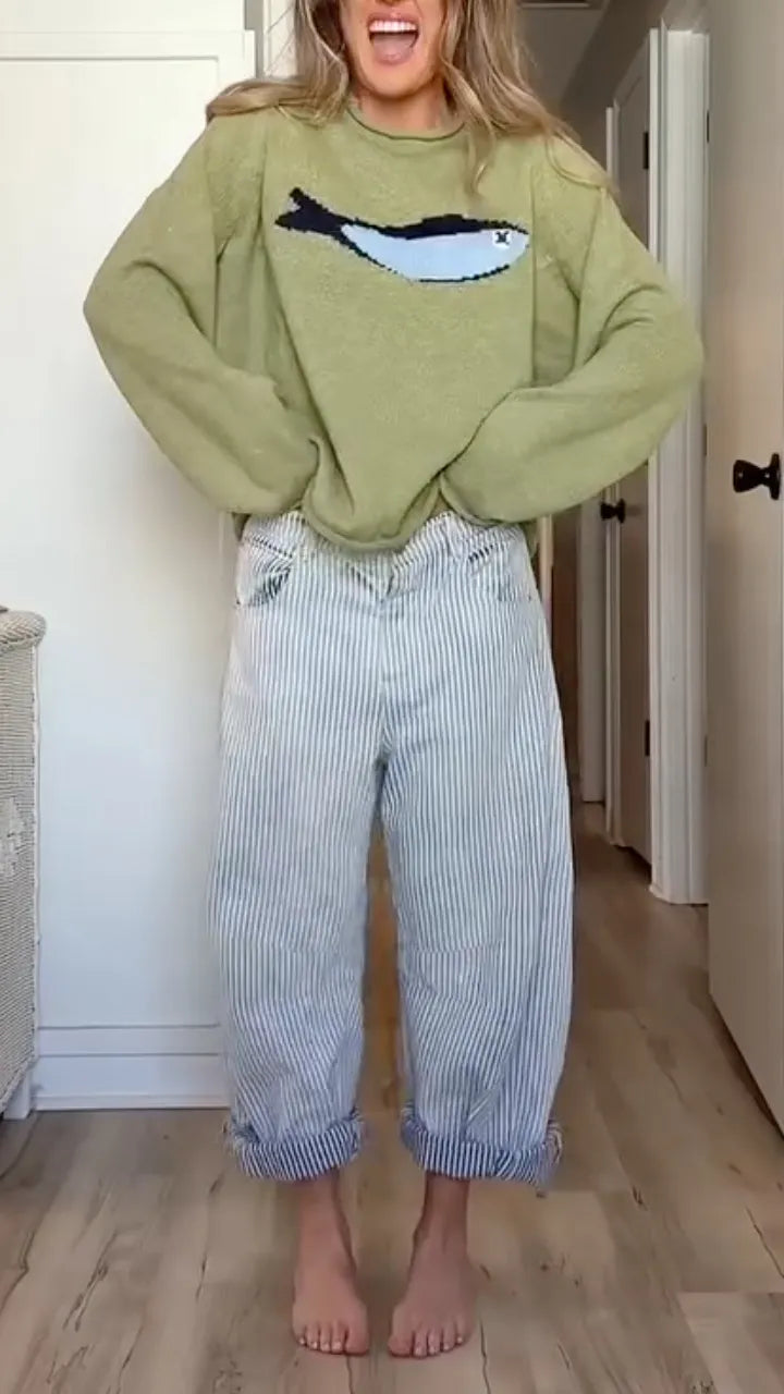 Women's Round Neck Sweater + Striped Trousers Casual Suit