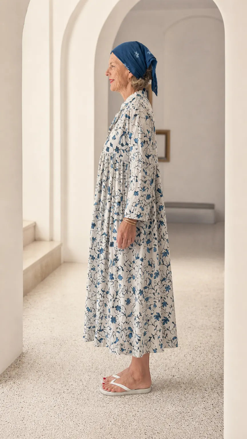 Floral Print Ruffle Collar Long Sleeve Midi Dress