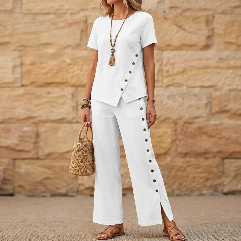 Casual Linen Blend 2-Piece Set with Button Details