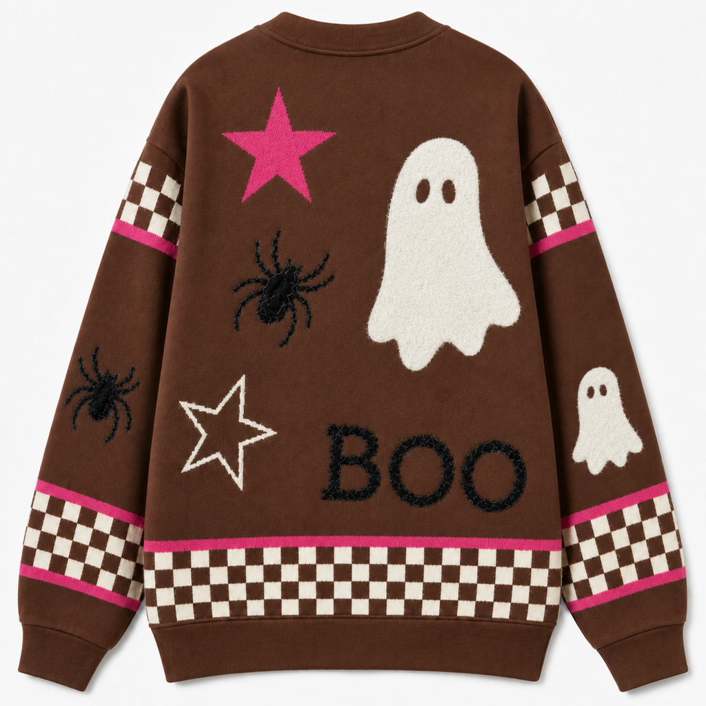 Chaotic Club Cute Brown Pink Ghost Star Checkered Cardigan