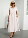 Solid Color Linen Round Neck Fitted Dress