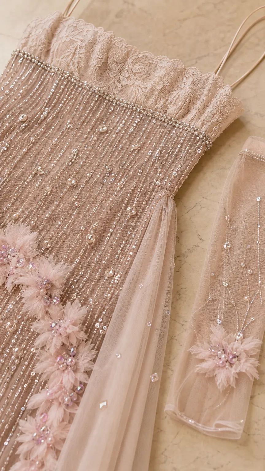 Embellished Tulle Evening Gown with Floral Appliqué