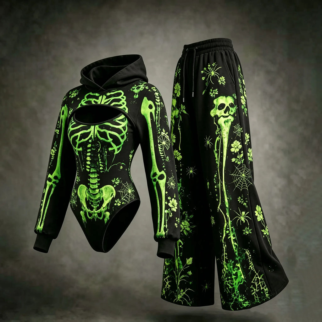 Women's Dark Retro Halloween Skeleton Spider Web Floral Print Three-piece Set
