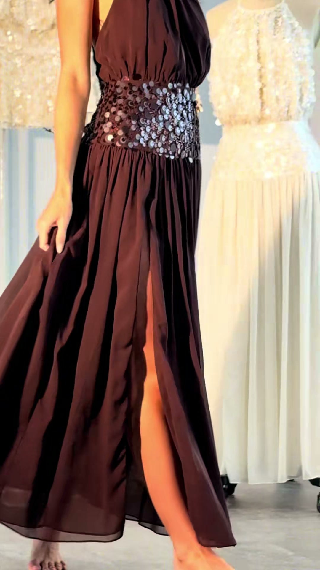 chocolate-brown-halter-gown-sequin-waist-pleated-maxi-dress-with-slit