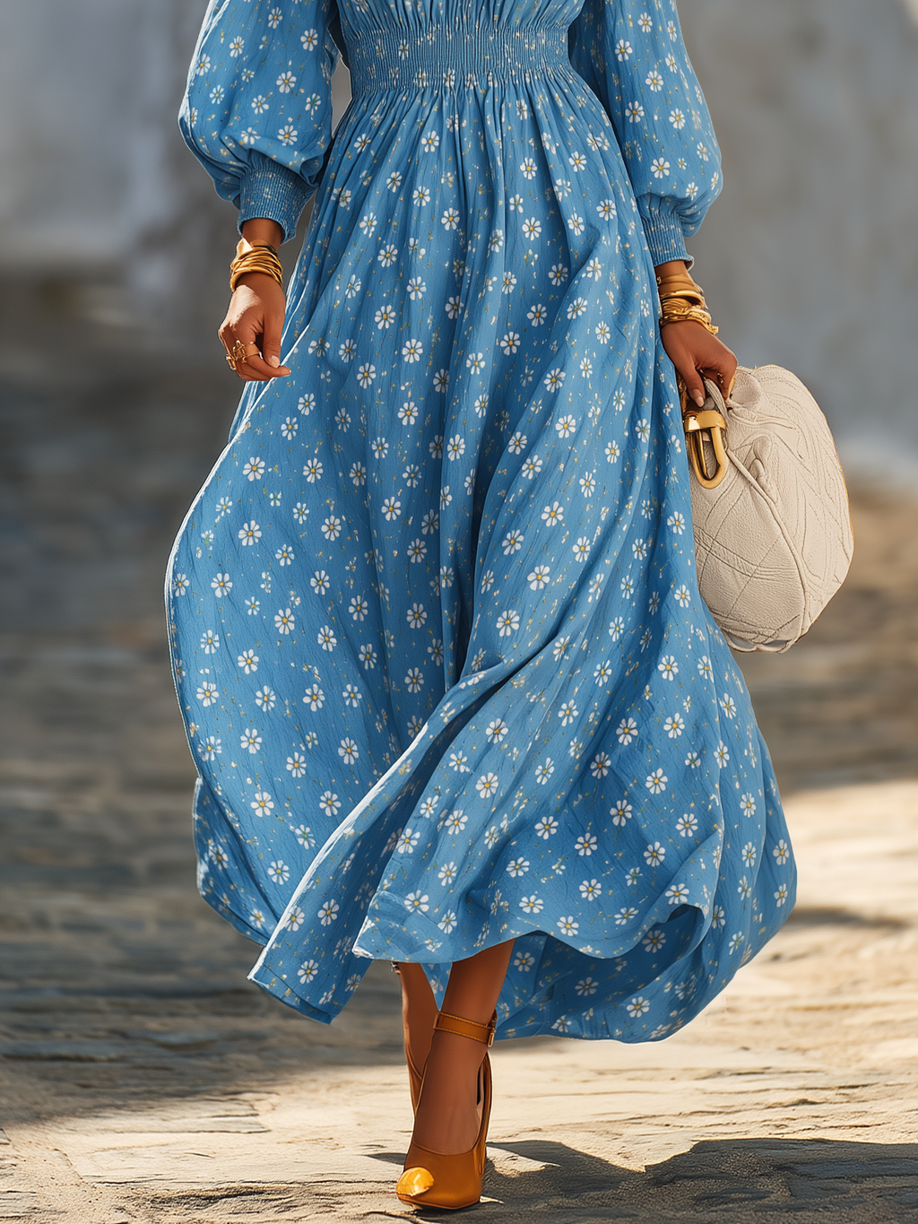 Vacation Elegant Daisy Chiffon Long Sleeve Maxi Dress