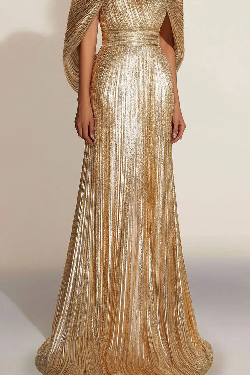 Formal Evening Fringe Dress Gold Cape V-neck Floor-length Gown