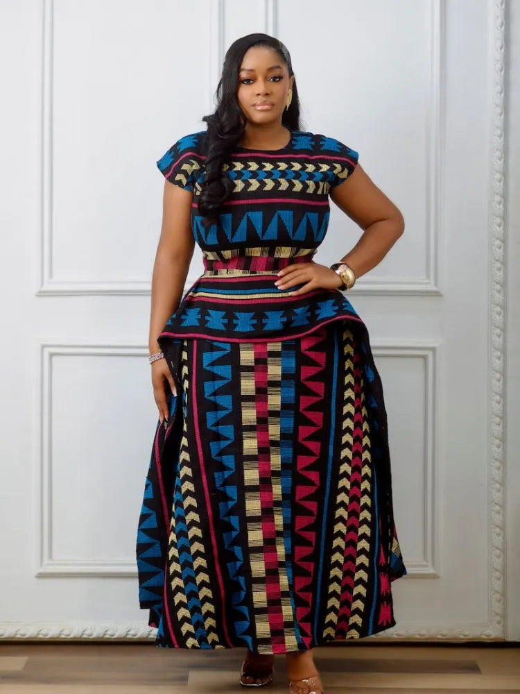 Multicolored African Print Peplum Maxi Dress
