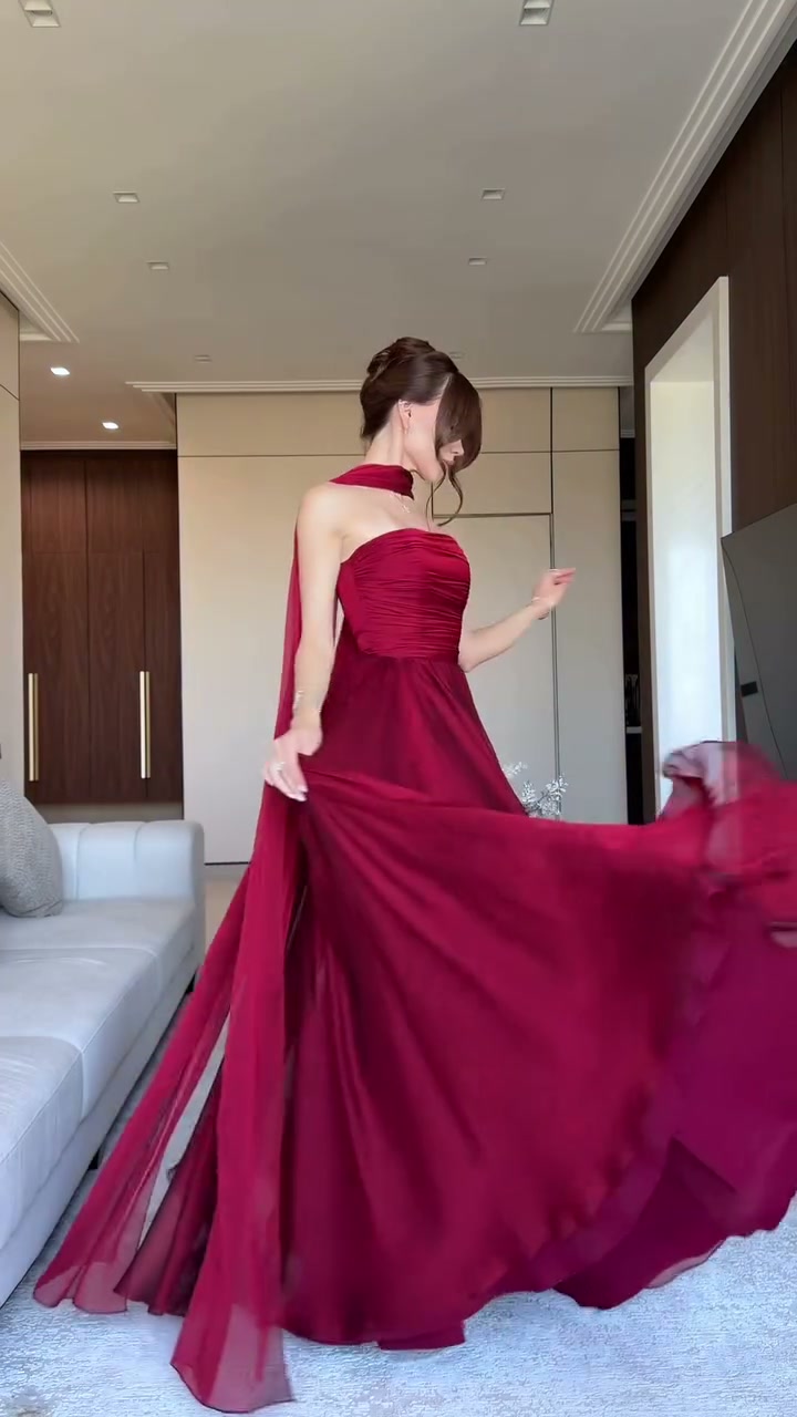burgundy-strapless-gown-scarf-neck-ruched-bodice-maxi-dress