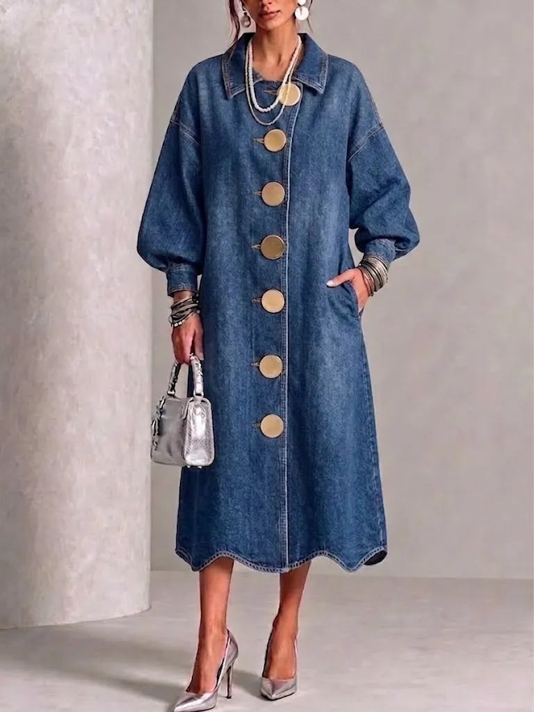Lapel Gold-button Balloon-sleeve Wave-hem Denim Dress