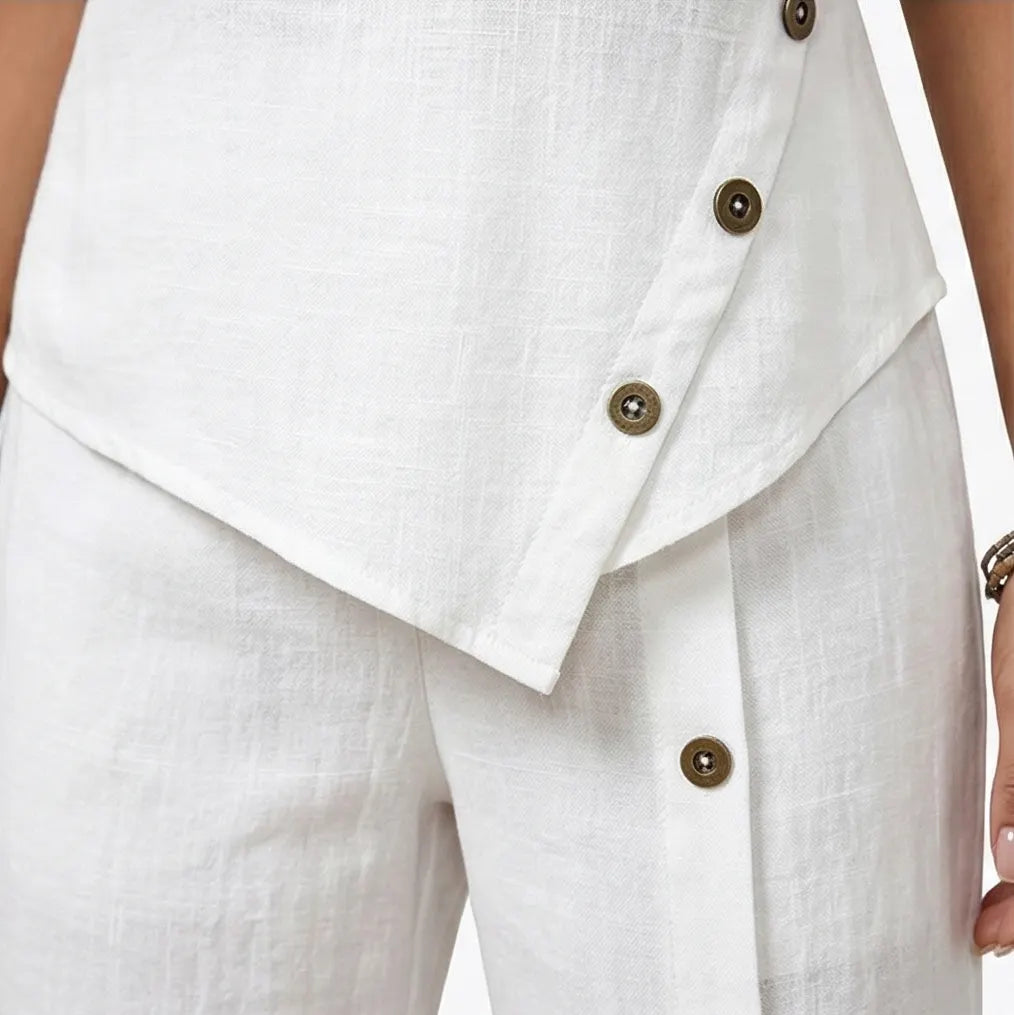 Casual Linen Blend 2-Piece Set with Button Details