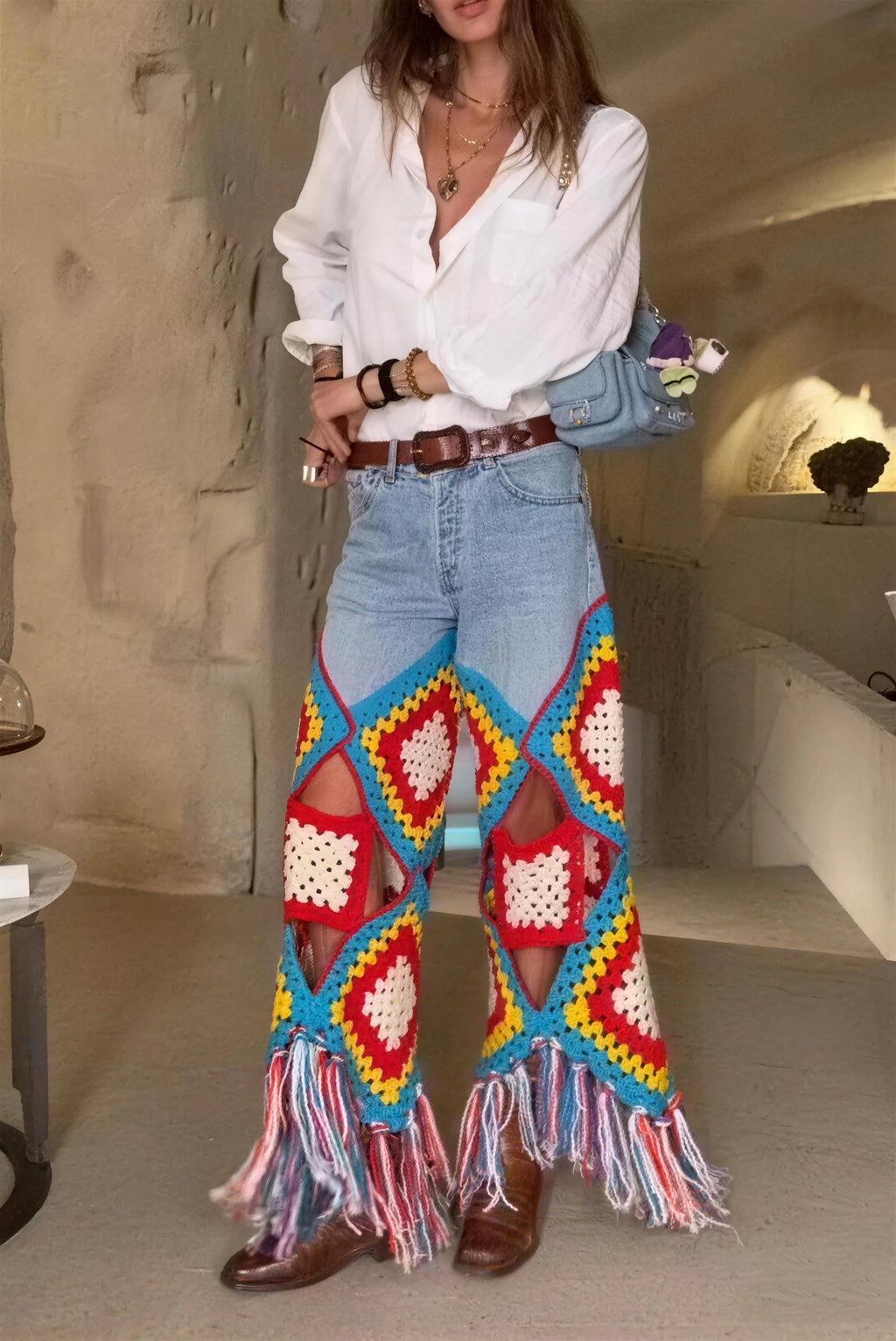 Women's Resort Multicolor Knit-Panel Fringe-Hem Pants