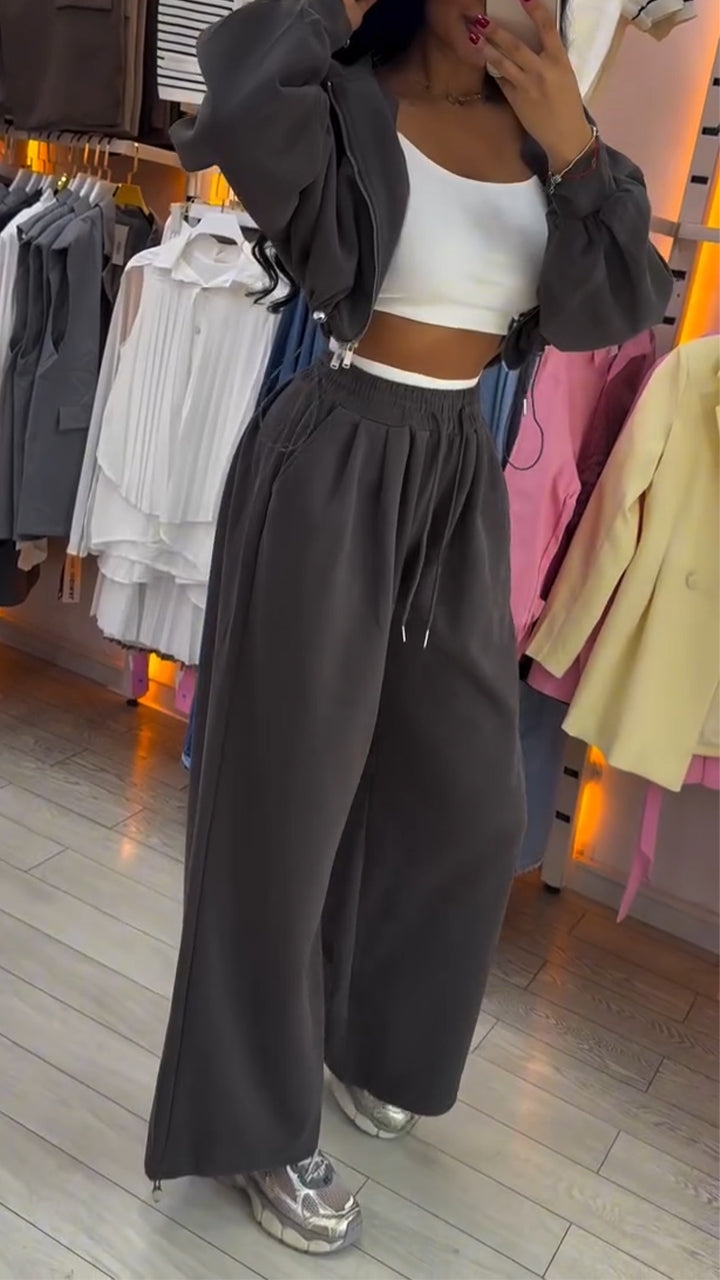 Womens Round Neck Zipper Cardigan + Drawstring Pants Casual Set