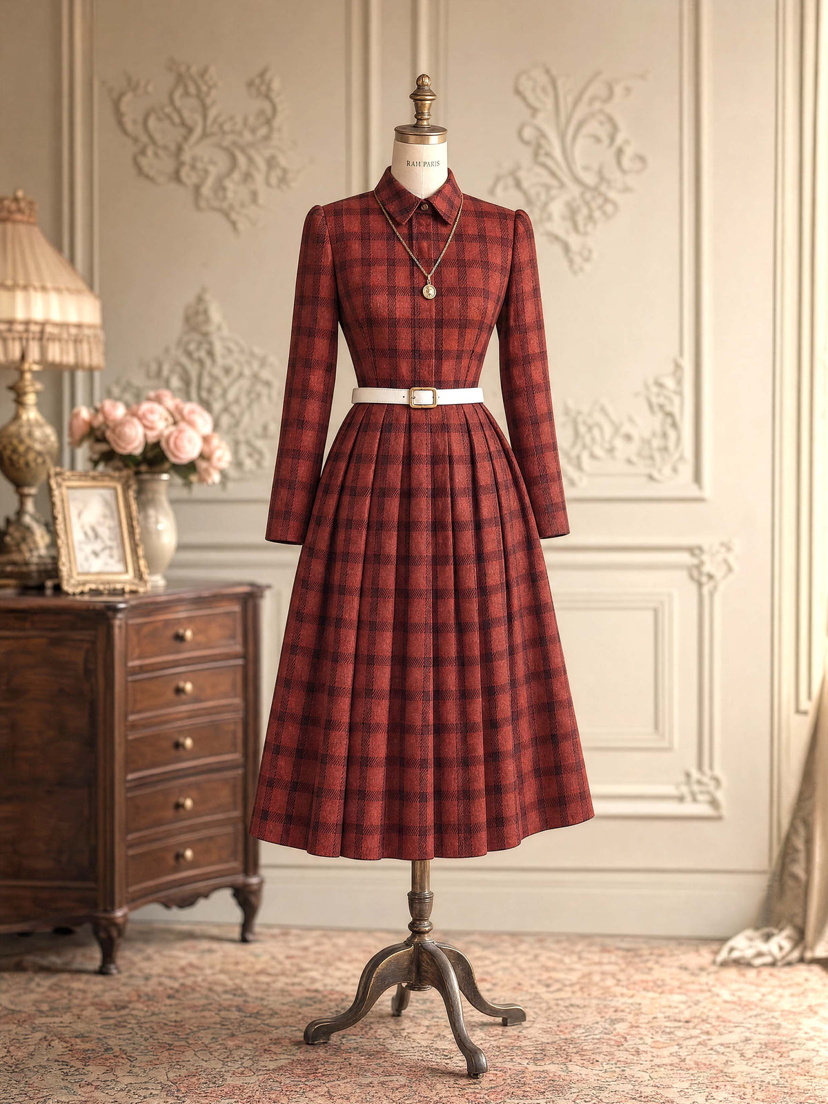 Vintage Plaid Collared Midi Dress