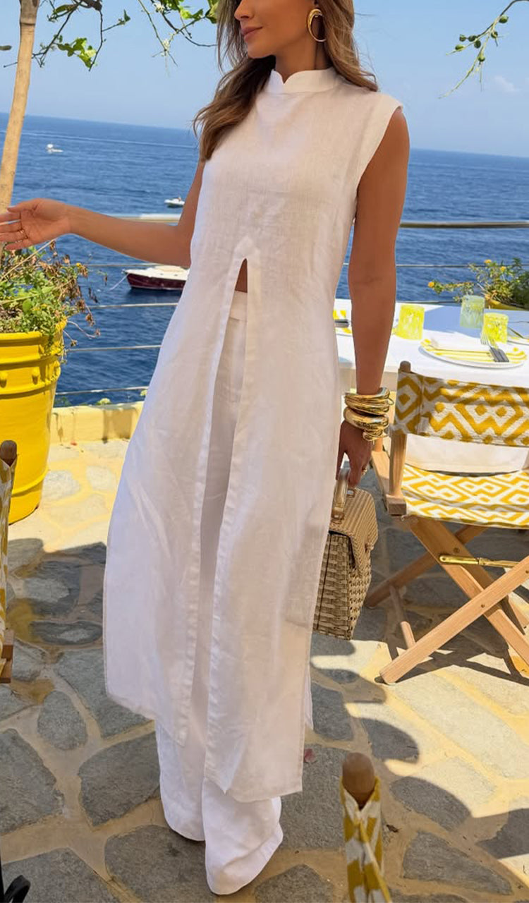 Womens Round Neck Long Top+ Pants Solid Color Casual Suit