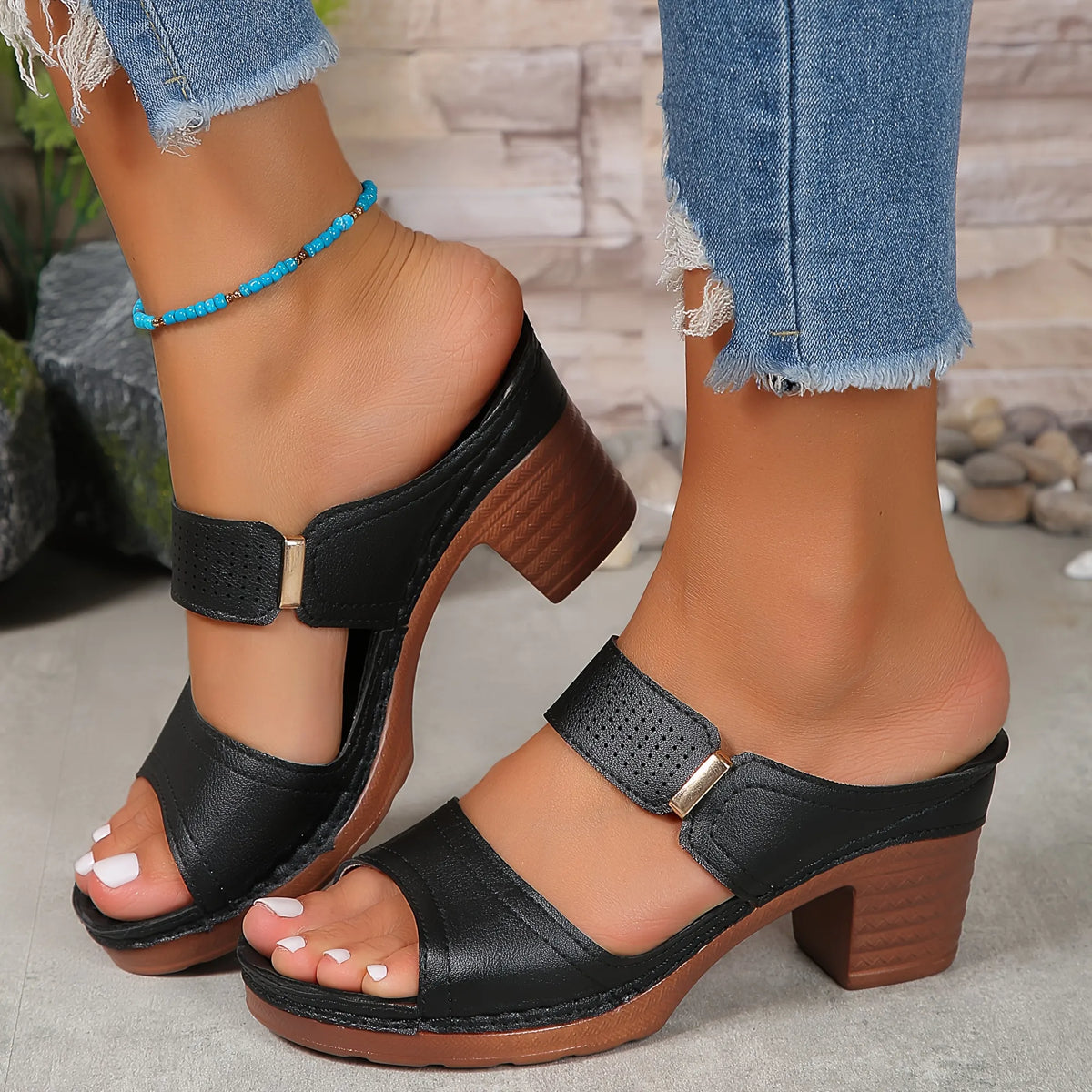 Women's Solid Color Stylish Sandals, Soft Sole Casual Chunky Heel Summer Slides, Double Bands Casual Shoes