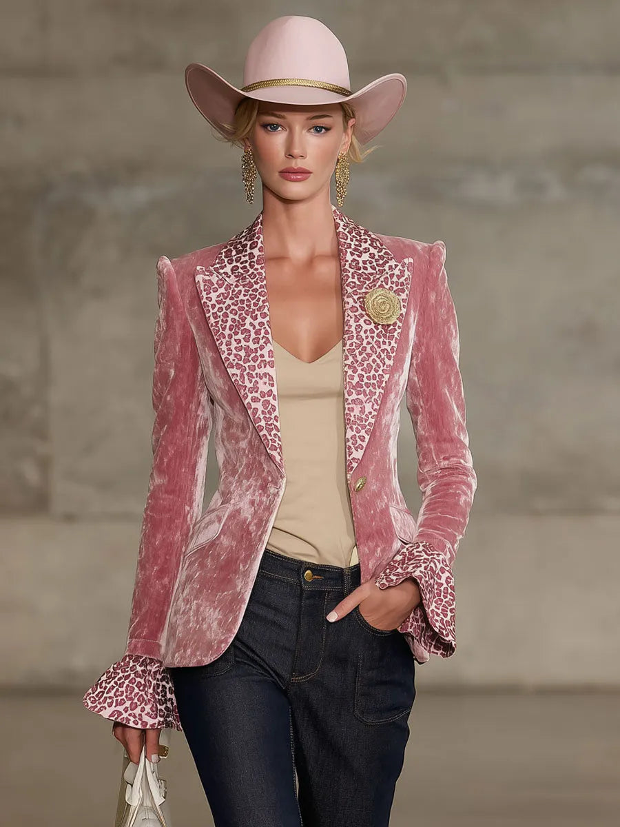 Lapel Contrast Leopard Print Velvet Blazer