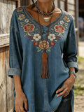 Women's Bohemian Retro Floral Art Print Casual Long-Sleeve V-Neck Washed Cotton  Top