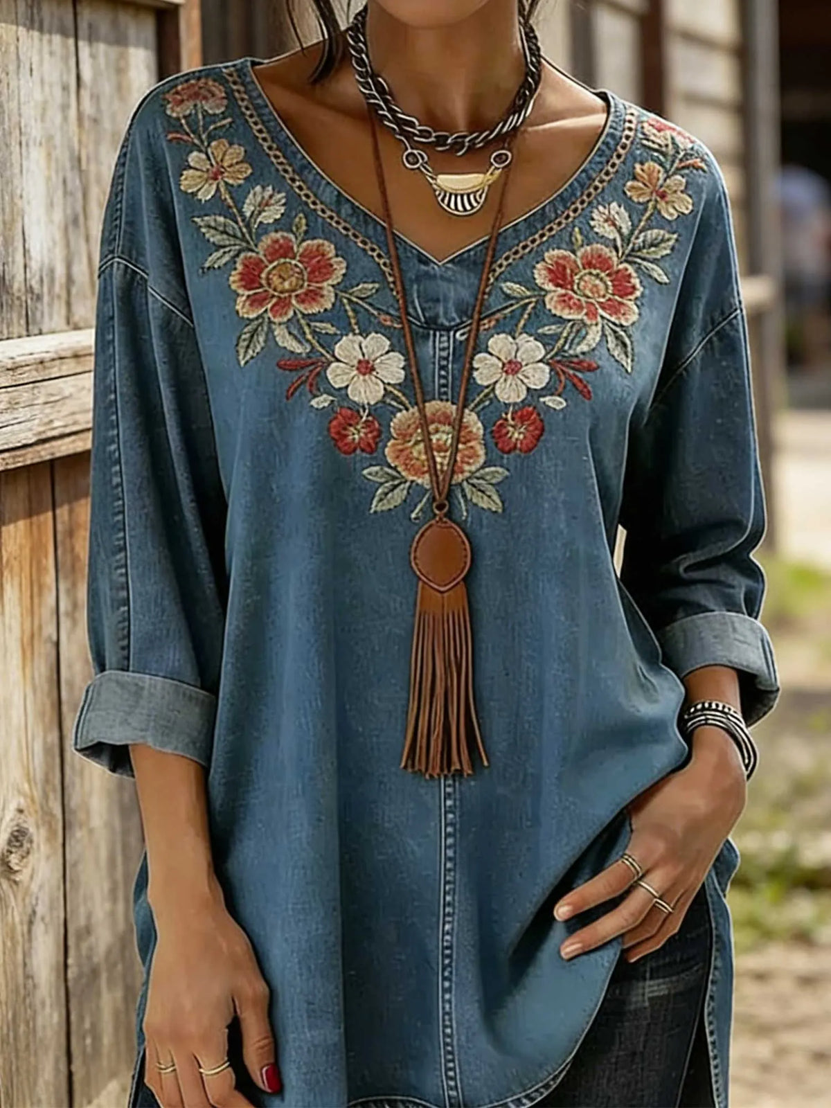 Women's Bohemian Retro Floral Art Print Casual Long-Sleeve V-Neck Washed Cotton  Top
