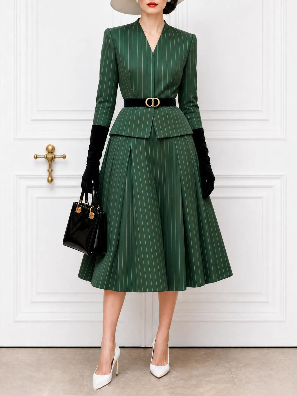 Vintage Striped V-Neck Blazer & Skirt Two-Piece Set
