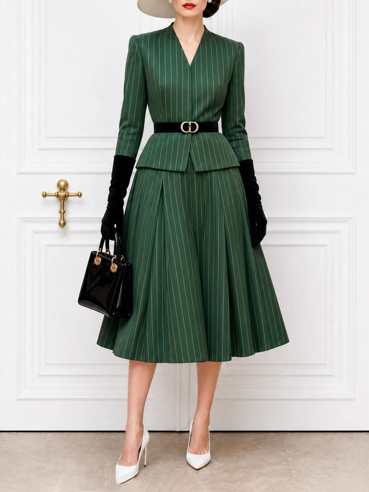 Vintage Striped V-Neck Blazer & Skirt Two-Piece Set