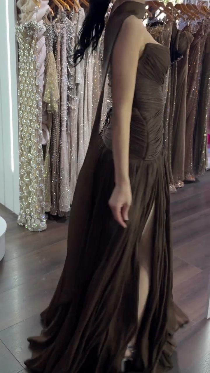 chocolate-brown-strapless-draped-gown-pleated-maxi-dress-with-scarf
