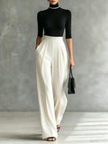 White Trim High-neck Mid-sleeved Black Top With White Wide-leg Pants Set