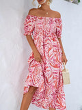 Smocked Print Off The Shoulder Midi Dress