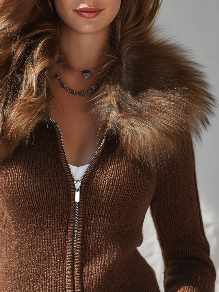 Stylish Casual Faux Fur Collar Knit Cardigan