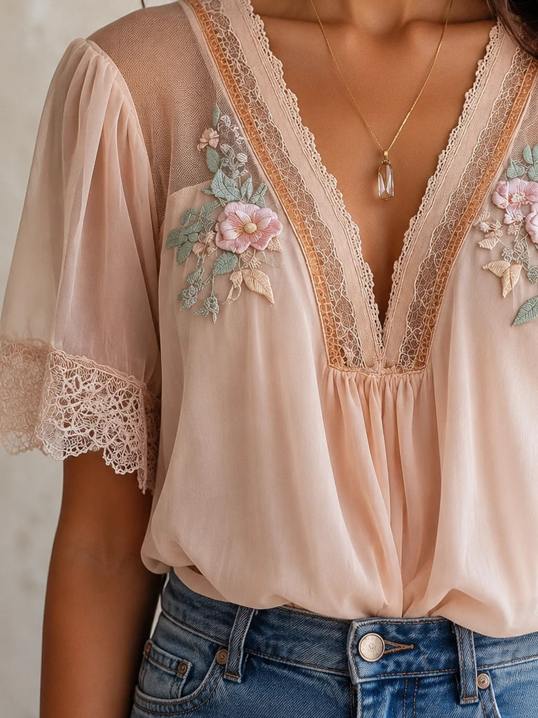 Boho Delicate Lace Floral Embroidered Chiffon Blouse