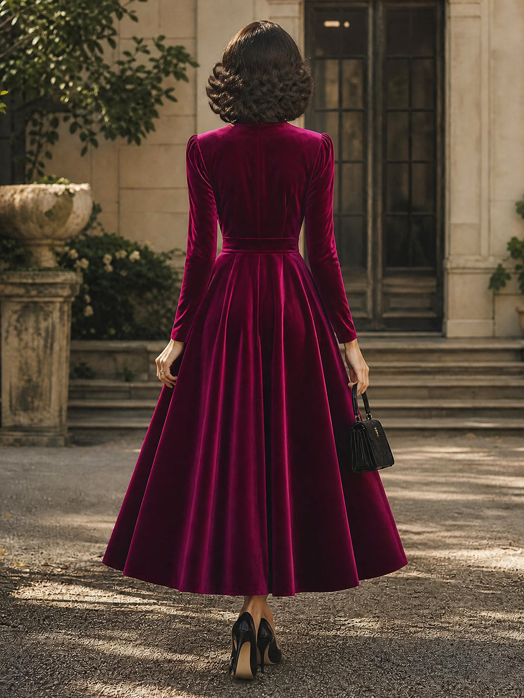 Vintage Magenta Velvet Tie-Waist Long-Sleeve A-Line Dress