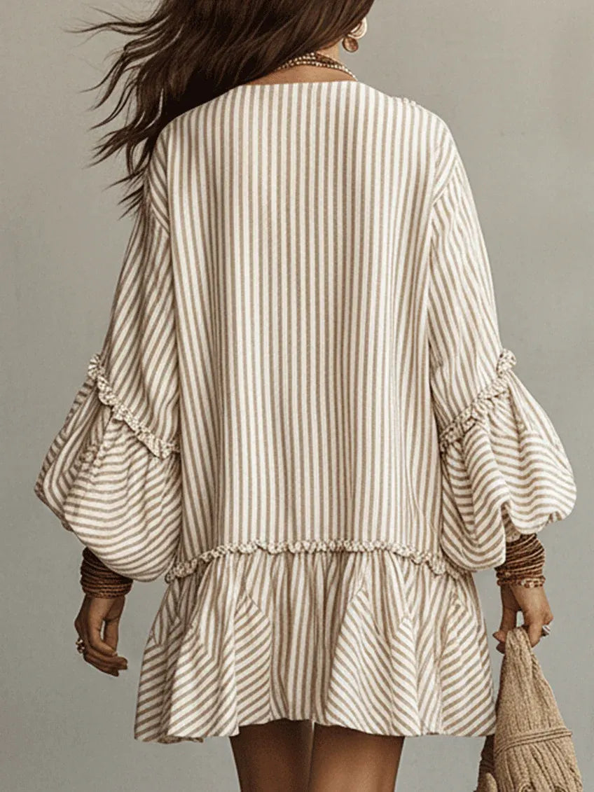 Beige V-neck Ruffled Puff Sleeve Loose Mini Dress