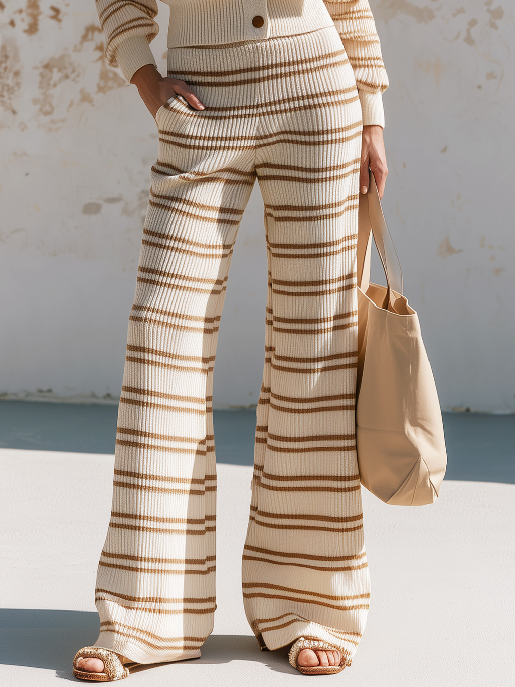 Relaxed Casual V-neck Striped Knit Cardigan And Wide-leg Pants Set