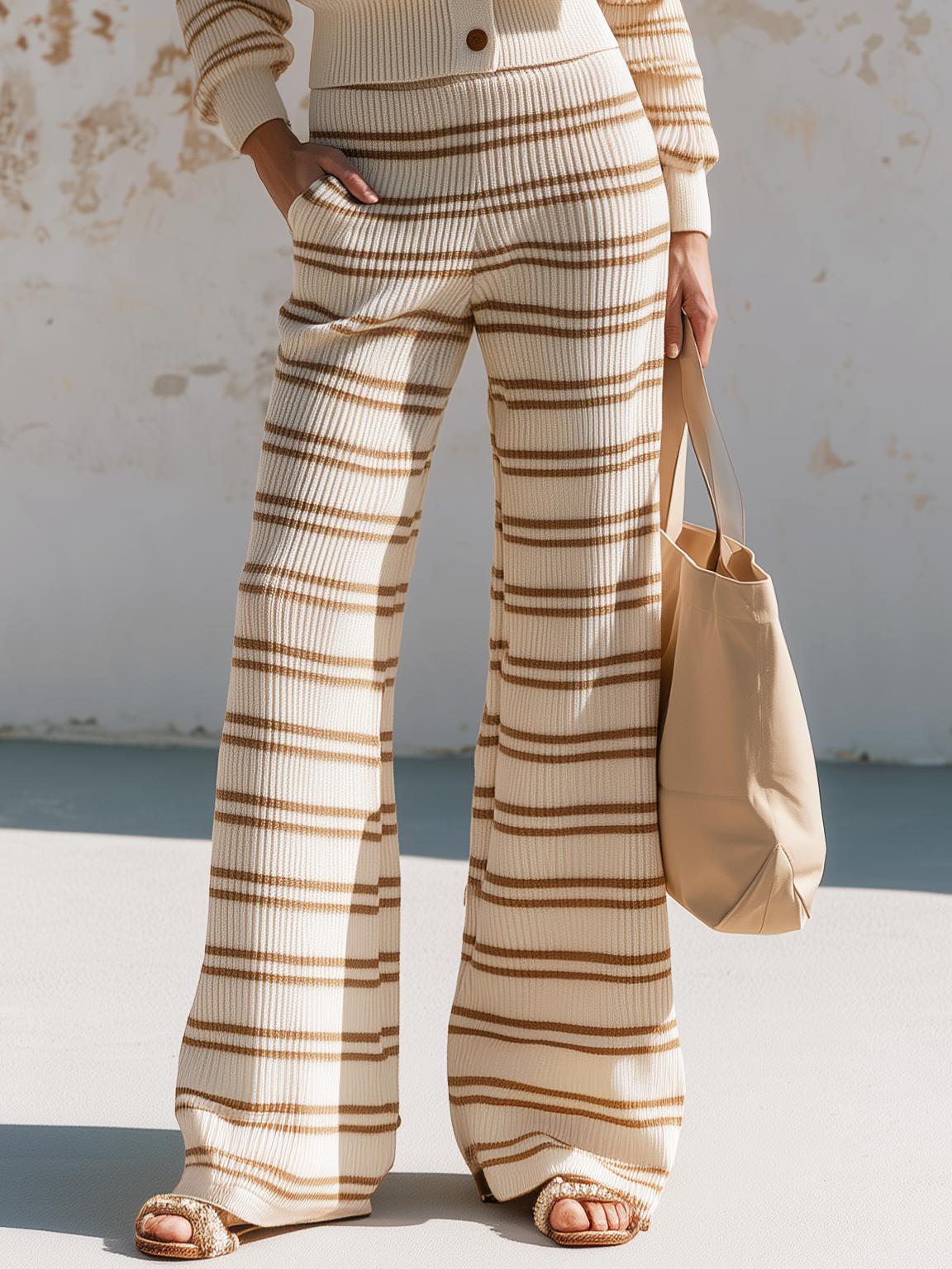 Relaxed Casual V-neck Striped Knit Cardigan And Wide-leg Pants Set