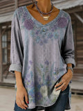 Women's Retro Ethnic Floral Pattern Art Print Casual Washed Denim Cotton Top