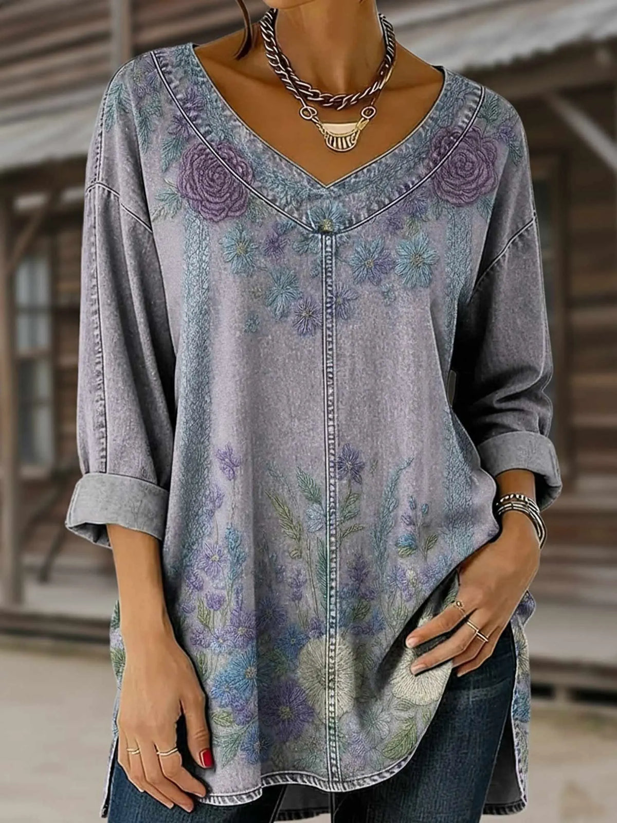 Women's Retro Ethnic Floral Pattern Art Print Casual Washed Denim Cotton Top
