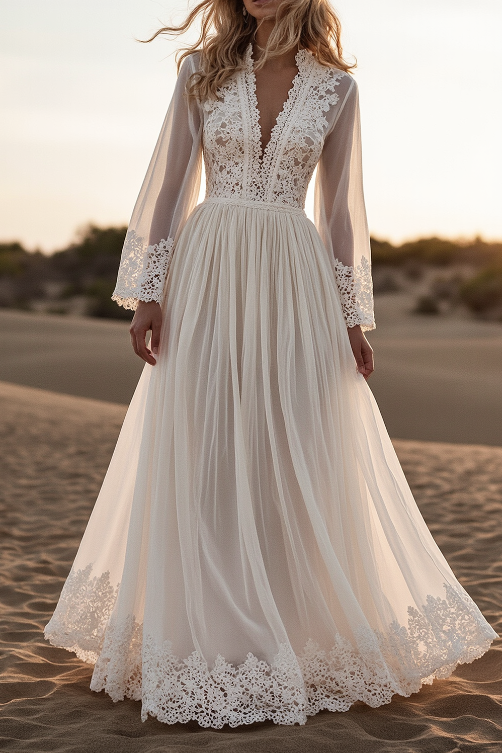 Bohemian Lace Dress White Deep V Long Sleeve Maxi Dress