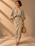 Linen Blend Batwing Top & Wrap Maxi Skirt Two‐Piece Set