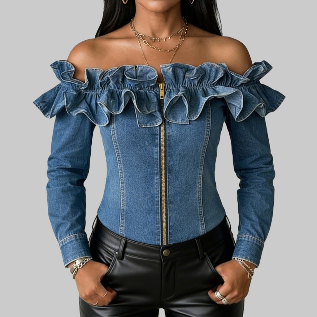 Women's Vintage Ruffled Off Shoulder Zip Up Slim Fit Denim Blouse