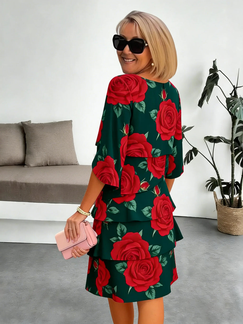 Chiffon Vacation Prints Color Round Neck Cake Skirt Splicing Dress Mid-length