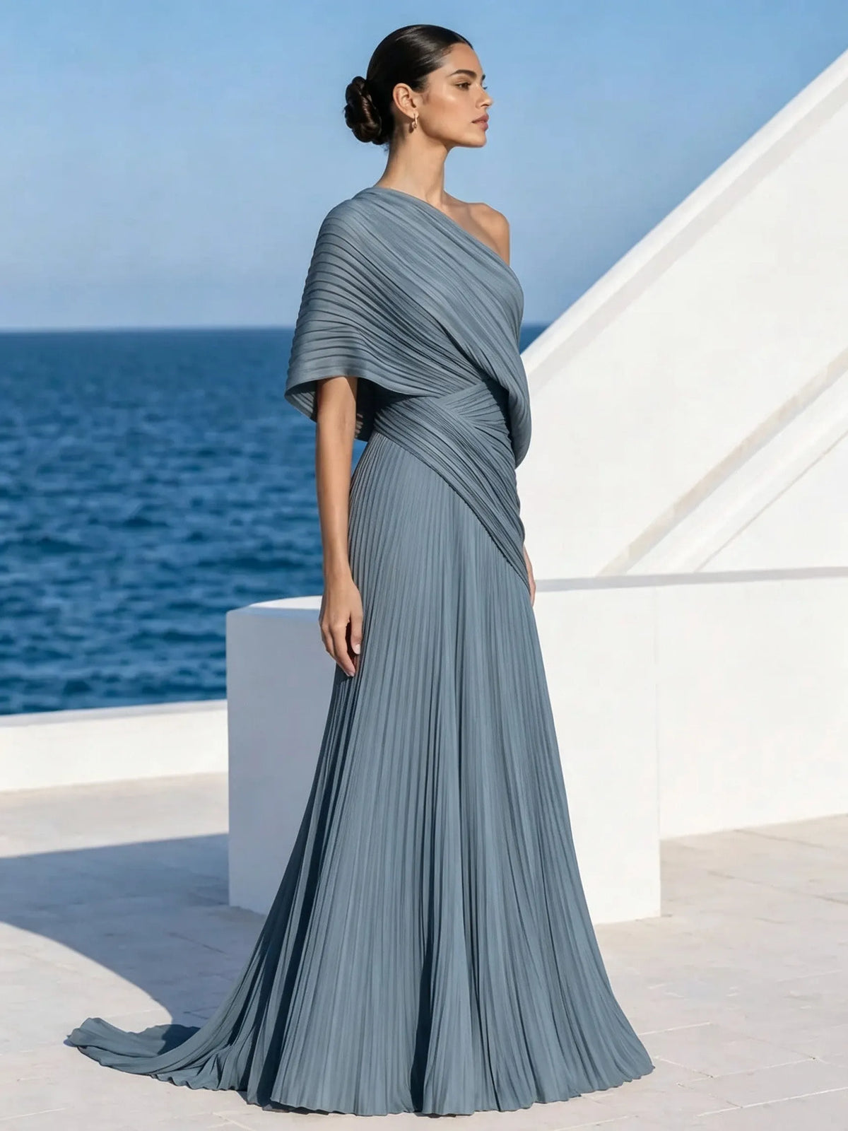 One Shoulder Draped Evening Gown