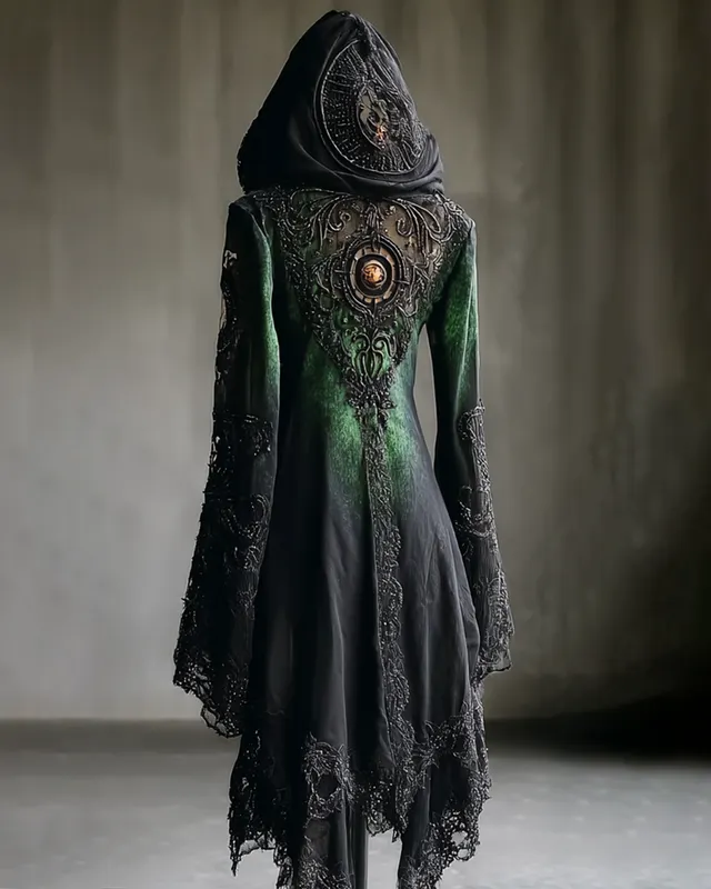 Halloween Gradient Embroidered Lace Patchwork Hooded Evening Dress df61