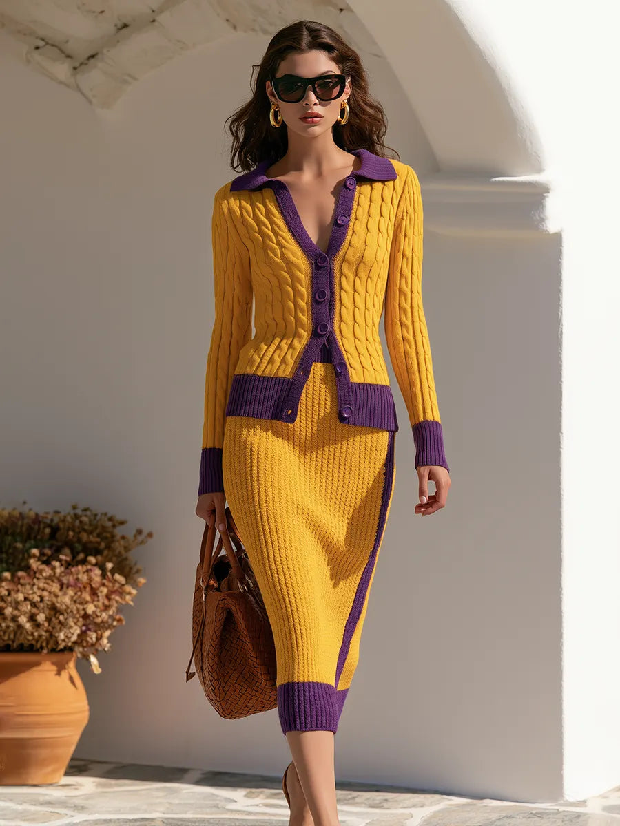 Retro-style Cable-knit Color-block Sweater And Skirt Set
