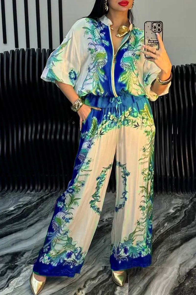 Women's Satin Zipper Printed Casual Suit