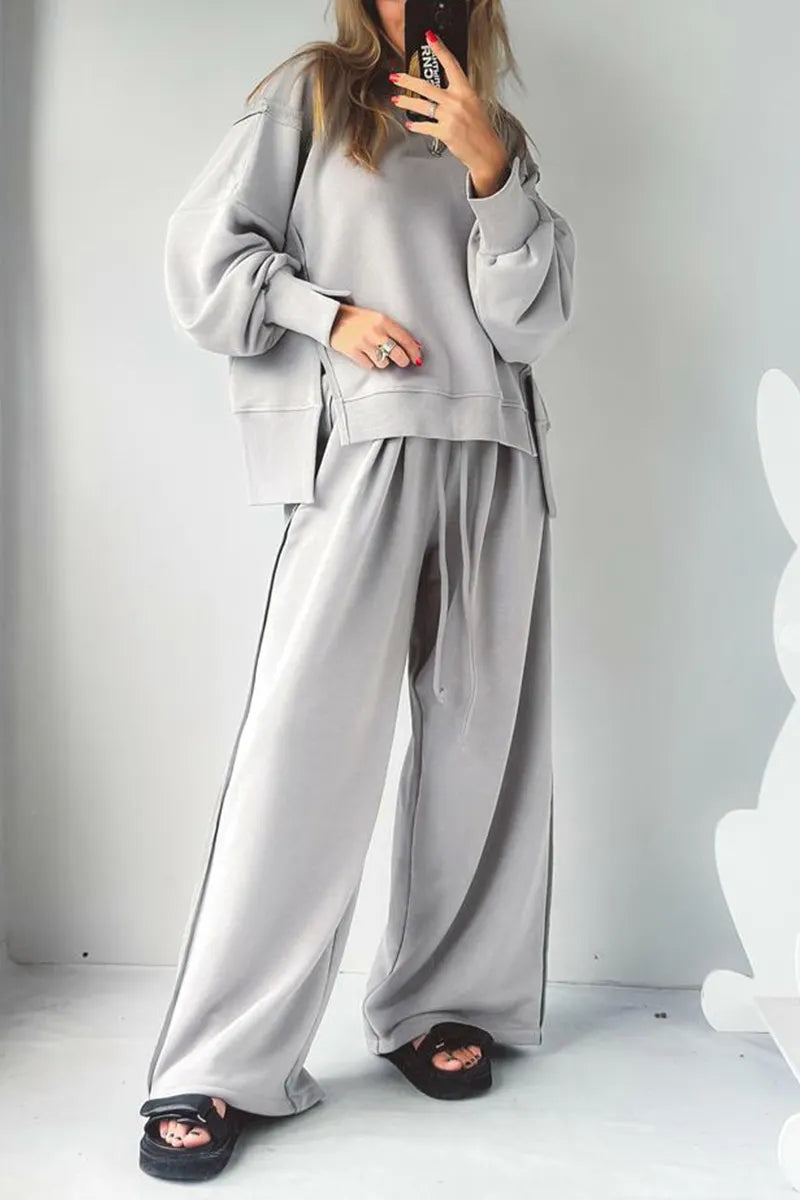Women Round Neck Spliced Sweatshirt + Drawstring Pants Casual Set