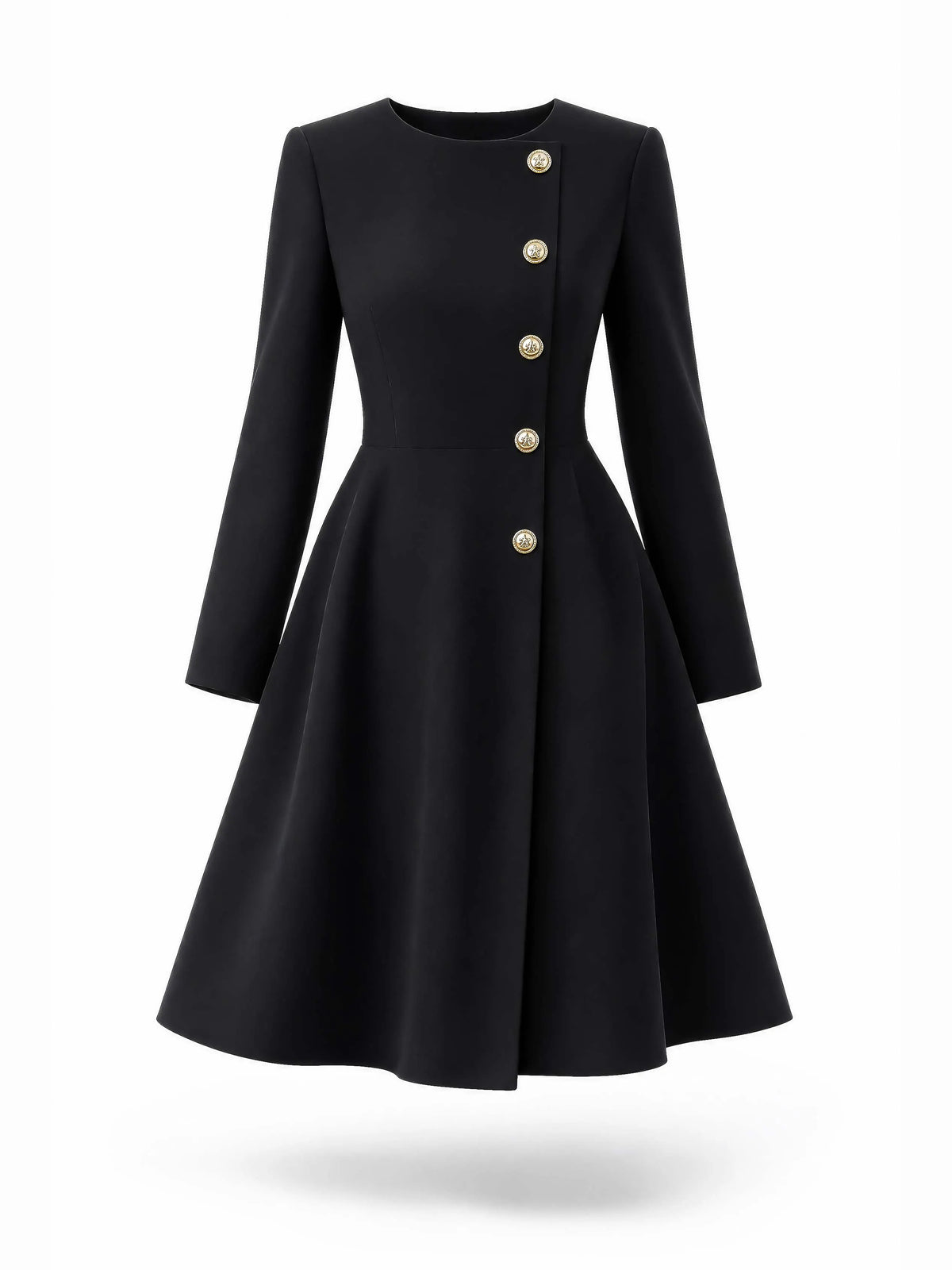 Vintage Gold Button Midi A‑Line Coat