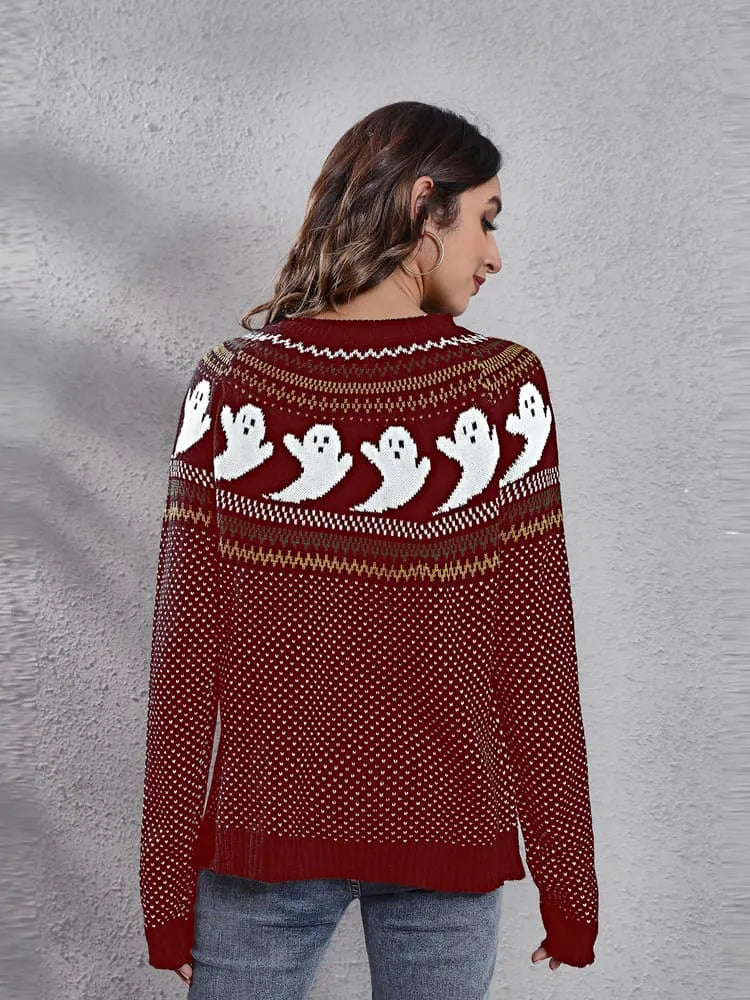 Literary Retro Ghost Pattern  Round Neck Knitted Sweater