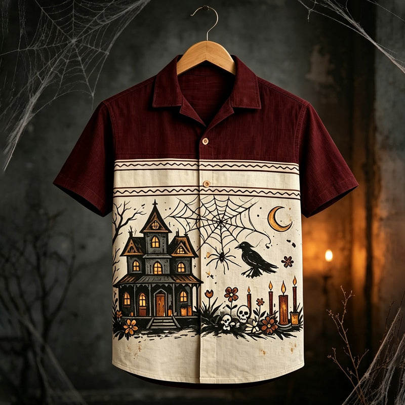 Men's Gothic Halloween Castle Crow Pattern Short-sleeve Shirt