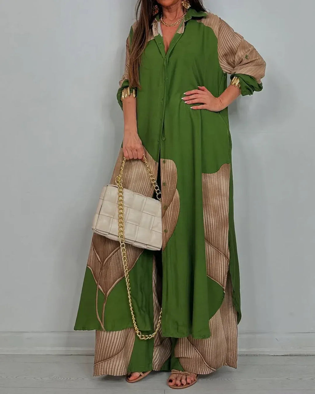 Women's V-neck Patchwork Printed Top and Pants Commuting Casual Suit