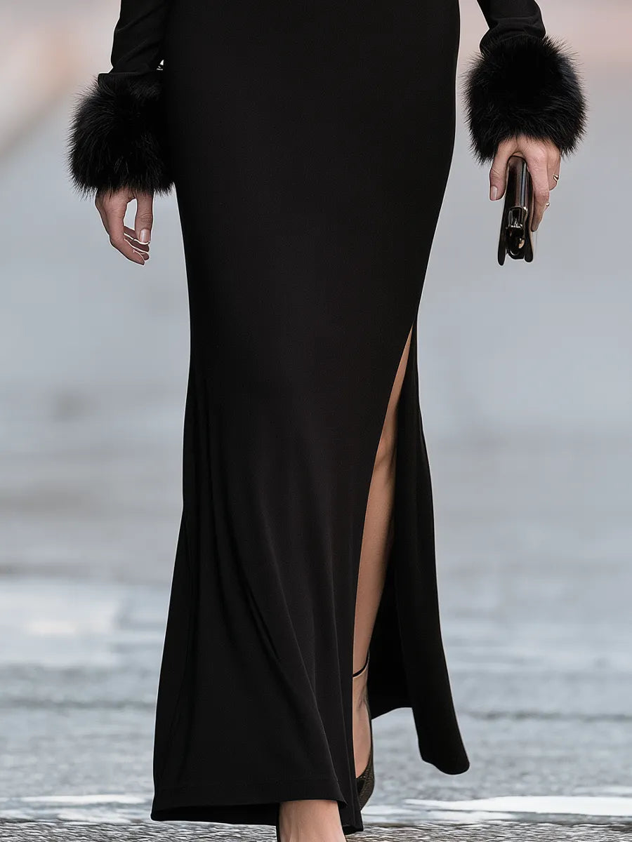 Faux Fur Trim Off-Shoulder High-Slit Maxi Dress