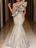 One-Shoulder Floral Printed Split-Joint Applique Wrap Maxi Dress
